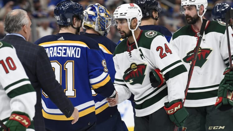 May 12, 2022; St. Louis, Missouri, USA; Minnesota Wild defenseman Matt Dumba (24) and St. Louis Blues right wing Vladimir Tarasenko (91) shake hands after game six of the first round of the 2022 Stanley Cup Playoffs at Enterprise Center. Mandatory Credit: Jeff Le-USA TODAY Sports