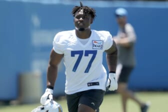 May 13, 2022; Costa Mesa CA, USA; Los Angeles Chargers guard Zion Johnson (77) during rookie minicamp at the Hoag Performance Center. Mandatory Credit: Kirby Lee-USA TODAY Sports