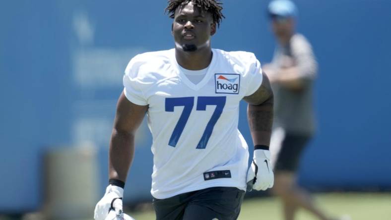 May 13, 2022; Costa Mesa CA, USA; Los Angeles Chargers guard Zion Johnson (77) during rookie minicamp at the Hoag Performance Center. Mandatory Credit: Kirby Lee-USA TODAY Sports