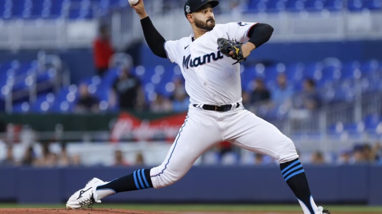 May 13, 2022; Miami, Florida, USA; Miami Marlins starting pitcher Pablo Lopez (49) delivers a pitch during the first inning against the Milwaukee Brewers at loanDepot Park. Mandatory Credit: Sam Navarro-USA TODAY Sports