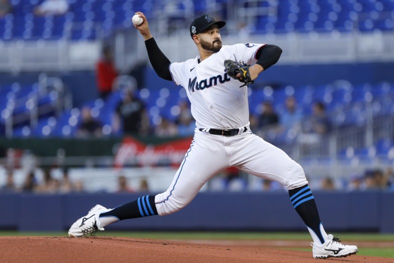 May 13, 2022; Miami, Florida, USA; Miami Marlins starting pitcher Pablo Lopez (49) delivers a pitch during the first inning against the Milwaukee Brewers at loanDepot Park. Mandatory Credit: Sam Navarro-USA TODAY Sports