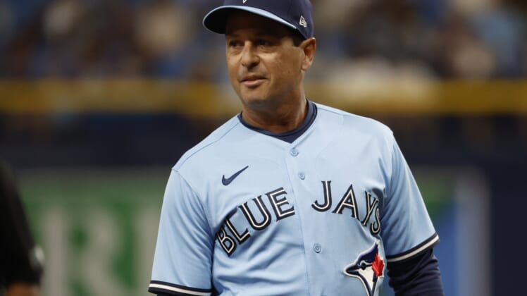 May 13, 2022; St. Petersburg, Florida, USA; Toronto Blue Jays manager Charlie Montoyo (25) looks on during the second inning against the Tampa Bay Rays at Tropicana Field. Mandatory Credit: Kim Klement-USA TODAY Sports