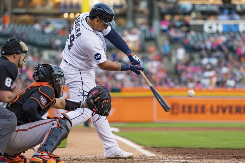 May 13, 2022; Detroit, Michigan, USA; Detroit Tigers designated hitter Miguel Cabrera (24) hits a RBI double during the third inning against the Baltimore Orioles at Comerica Park. This gives Cabrera 602 career doubles passing Barry Bonds. Mandatory Credit: Raj Mehta-USA TODAY Sports