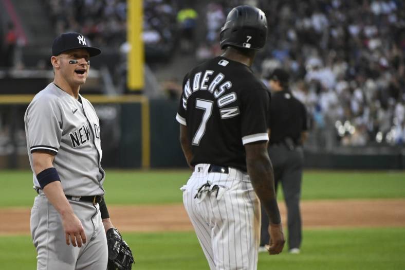 May 13, 2022; Chicago, Illinois, USA;  Chicago White Sox shortstop Tim Anderson (7) talks with New York Yankees third baseman Josh Donaldson (28) after having an altercation during the first inning at Guaranteed Rate Field. Mandatory Credit: Matt Marton-USA TODAY Sports