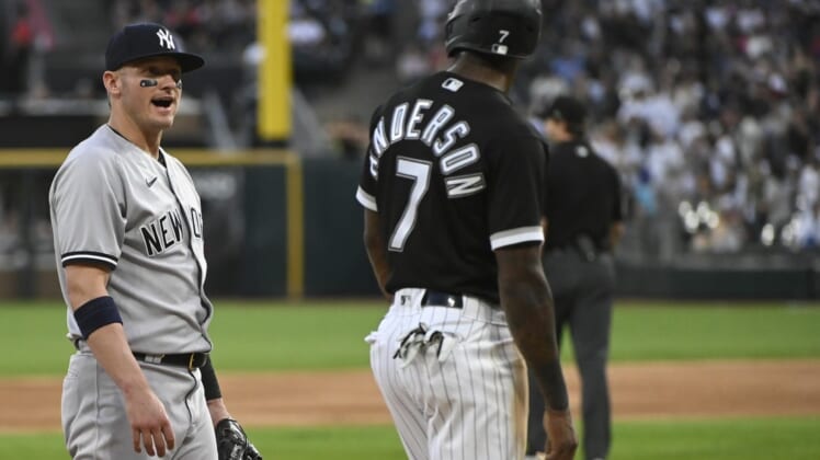 May 13, 2022; Chicago, Illinois, USA;  Chicago White Sox shortstop Tim Anderson (7) talks with New York Yankees third baseman Josh Donaldson (28) after having an altercation during the first inning at Guaranteed Rate Field. Mandatory Credit: Matt Marton-USA TODAY Sports