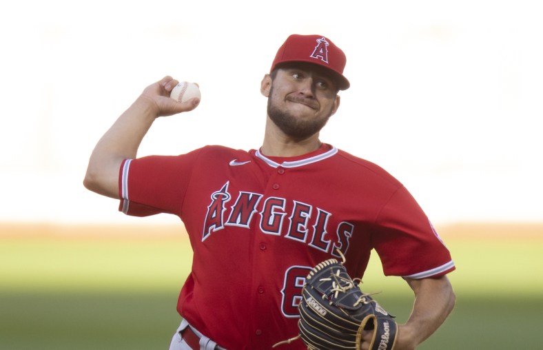 May 13, 2022; Oakland, California, USA; Los Angeles Angels starting pitcher Chase Silseth (63) delivers a pitch against the Oakland Athletics during the second inning at RingCentral Coliseum. Mandatory Credit: D. Ross Cameron-USA TODAY Sports