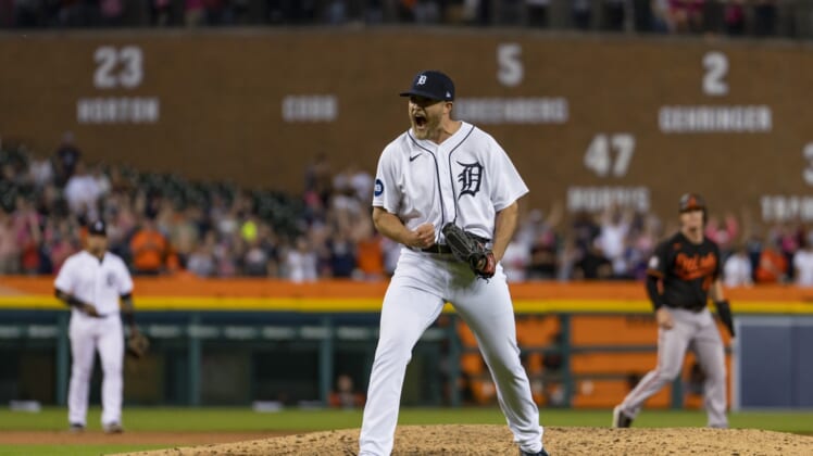 May 13, 2022; Detroit, Michigan, USA; Detroit Tigers relief pitcher Will Vest (19) celebrates after the game against the Baltimore Orioles at Comerica Park. Mandatory Credit: Raj Mehta-USA TODAY Sports