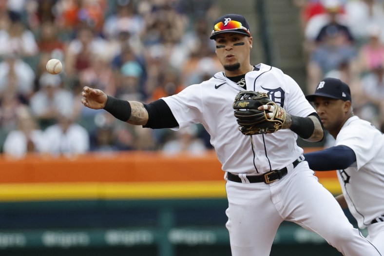 May 14, 2022; Detroit, Michigan, USA;  Detroit Tigers shortstop Javier Baez (28) makes a throw to first in the second inning against the Baltimore Orioles at Comerica Park. Mandatory Credit: Rick Osentoski-USA TODAY Sports