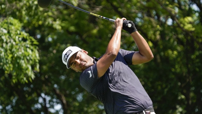 May 14, 2022; McKinney, Texas, USA; Sebastian Munoz plays his shot from the second tee during the third round of the AT&T Byron Nelson golf tournament. Mandatory Credit: Raymond Carlin III-USA TODAY Sports