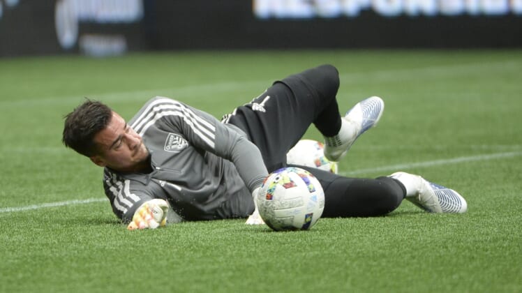 May 14, 2022; Vancouver, British Columbia, CAN;  San Jose Earthquakes goalkeeper JT Marcinkowski (1) warms up against the Vancouver Whitecaps during the first half at BC Place. Mandatory Credit: Anne-Marie Sorvin-USA TODAY Sports