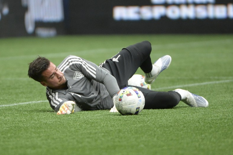 May 14, 2022; Vancouver, British Columbia, CAN;  San Jose Earthquakes goalkeeper JT Marcinkowski (1) warms up against the Vancouver Whitecaps during the first half at BC Place. Mandatory Credit: Anne-Marie Sorvin-USA TODAY Sports