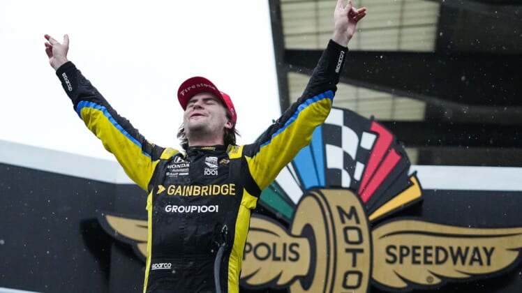 Andretti Autosport with Curb-Agajanian driver Colton Herta (26) celebrates winning the the GMR Grand Prix on Saturday, May 14, 2022, Indianapolis Motor Speedway in Indianapolis.Auto Racing Gmr Grand Prix