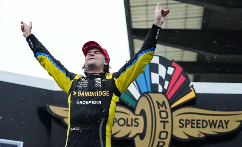 Andretti Autosport with Curb-Agajanian driver Colton Herta (26) celebrates winning the the GMR Grand Prix on Saturday, May 14, 2022, Indianapolis Motor Speedway in Indianapolis.

Auto Racing Gmr Grand Prix