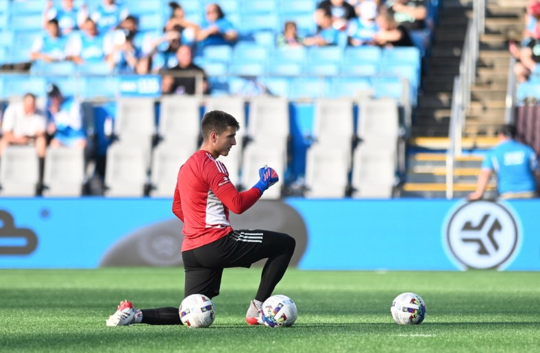 May 14, 2022; Charlotte, North Carolina, USA; Charlotte FC goalkeeper George Marks (31) warms up before a match against CF Montreal at Bank of America Stadium. Mandatory Credit: Griffin Zetterberg-USA TODAY Sports