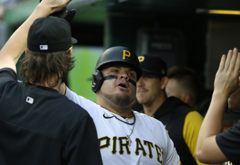 May 14, 2022; Pittsburgh, Pennsylvania, USA; Pittsburgh Pirates designated hitter Daniel Vogelbach (19) high-fives in the dugout after hitting a solo home run against the Cincinnati Reds during the fourth inning at PNC Park. Mandatory Credit: Charles LeClaire-USA TODAY Sports