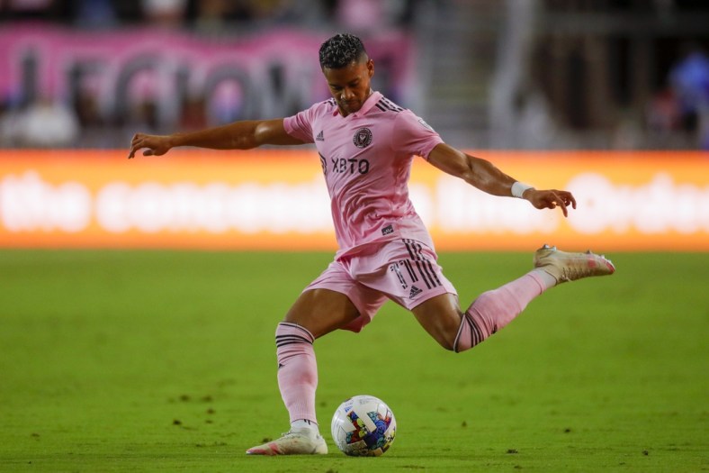 May 14, 2022; Fort Lauderdale, Florida, USA; Inter Miami CF forward Ariel Lassiter (11) delivers a cross against D.C. United during the first half at DRV PNK Stadium. Mandatory Credit: Sam Navarro-USA TODAY Sports