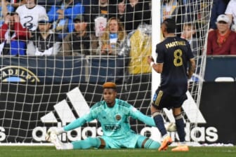 May 14, 2022; Philadelphia, Pennsylvania, USA; Philadelphia Union goalkeeper Andre Blake (18) reacts after allowing a goal against the New York Red Bulls during the second half at Subaru Park. Mandatory Credit: Eric Hartline-USA TODAY Sports
