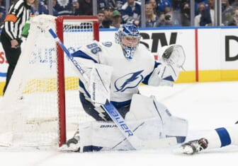 May 14, 2022; Toronto, Ontario, CAN; Tampa Bay Lightning goaltender Andrei Vasilevskiy (88) follows the play against Toronto Maple Leafs during the third period of game seven of the first round of the 2022 Stanley Cup Playoffs at Scotiabank Arena. Mandatory Credit: Nick Turchiaro-USA TODAY Sports
