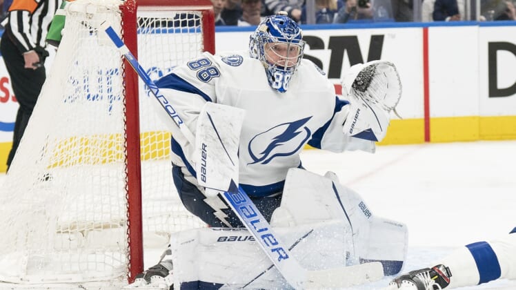 May 14, 2022; Toronto, Ontario, CAN; Tampa Bay Lightning goaltender Andrei Vasilevskiy (88) follows the play against Toronto Maple Leafs during the third period of game seven of the first round of the 2022 Stanley Cup Playoffs at Scotiabank Arena. Mandatory Credit: Nick Turchiaro-USA TODAY Sports
