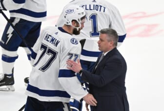 May 14, 2022; Toronto, Ontario, CAN;  Tampa Bay Lightning defenseman Victor Hedman (77) shakes hands with Toronto Maple Leafs head coach Sheldon Keefe after Tampa Bay defeated Toronto in game seven of the first round of the 2022 Stanley Cup Playoffs at Scotiabank Arena. Mandatory Credit: Dan Hamilton-USA TODAY Sports