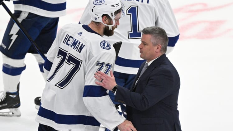 May 14, 2022; Toronto, Ontario, CAN;  Tampa Bay Lightning defenseman Victor Hedman (77) shakes hands with Toronto Maple Leafs head coach Sheldon Keefe after Tampa Bay defeated Toronto in game seven of the first round of the 2022 Stanley Cup Playoffs at Scotiabank Arena. Mandatory Credit: Dan Hamilton-USA TODAY Sports