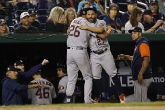 May 14, 2022; Washington, District of Columbia, USA; Houston Astros center fielder Jose Siri (26) celebrates with Astros second baseman Jose Altuve (27) after hitting a home run against the Washington Nationals during the fifth inning at Nationals Park. Mandatory Credit: Geoff Burke-USA TODAY Sports