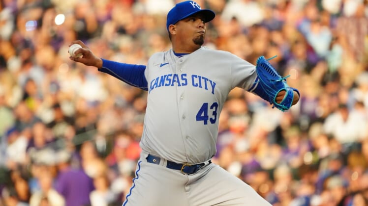 May 14, 2022; Denver, Colorado, USA; Kansas City Royals relief pitcher Carlos Hernandez (43) delivers a pitch in the fourth inning against the Colorado Rockies at Coors Field. Mandatory Credit: Ron Chenoy-USA TODAY Sports