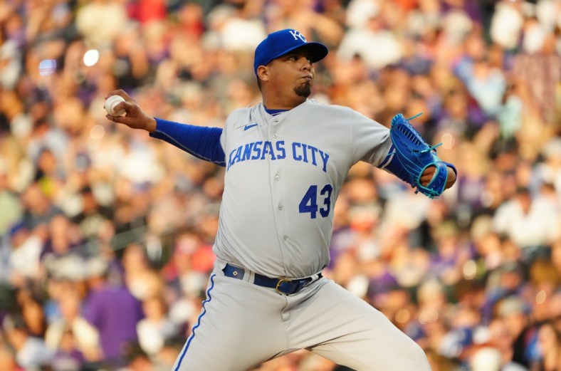 May 14, 2022; Denver, Colorado, USA; Kansas City Royals relief pitcher Carlos Hernandez (43) delivers a pitch in the fourth inning against the Colorado Rockies at Coors Field. Mandatory Credit: Ron Chenoy-USA TODAY Sports