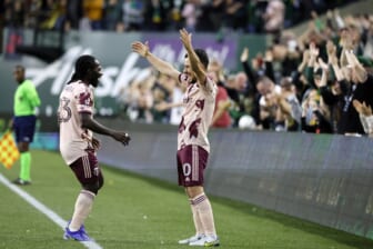 May 14, 2022; Portland, Oregon, USA; Portland Timbers midfielder Sebastian Blanco (10) celebrates after scoring a goal during the second half against the Sporting Kansas City at Providence Park. Mandatory Credit: Soobum Im-USA TODAY Sports