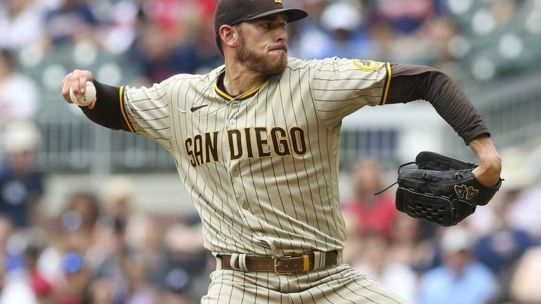 May 15, 2022; Atlanta, Georgia, USA; San Diego Padres starting pitcher Joe Musgrove (44) throws against the Atlanta Braves in the first inning at Truist Park. Mandatory Credit: Brett Davis-USA TODAY Sports