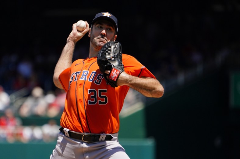 May 15, 2022; New York City, New York, USA; Houston Astros pitcher Justin Verlander (35) delivers a pitch against the Washington Nationals during the ninth inning at Citi Field. Mandatory Credit: Gregory Fisher-USA TODAY Sports
