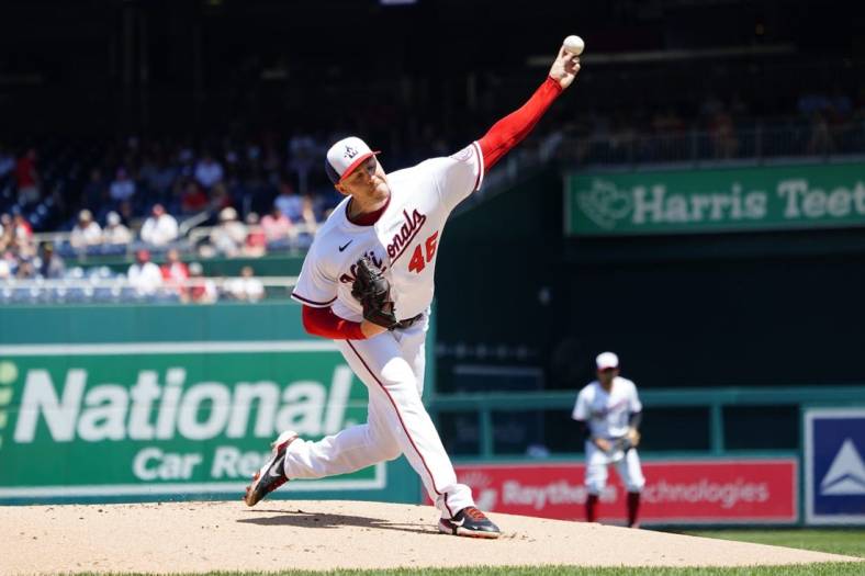 May 15, 2022; New York City, New York, USA;  Washington Nationals pitcher Patrick Corbin (46) delivers a pitch against the Houston Astros during the ninth inning at Citi Field. Mandatory Credit: Gregory Fisher-USA TODAY Sports