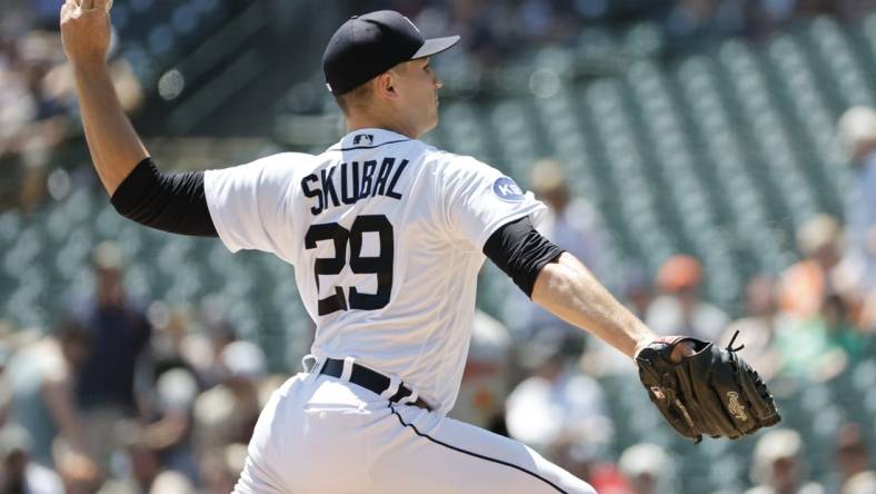 May 15, 2022; Detroit, Michigan, USA;  Detroit Tigers starting pitcher Tarik Skubal (29) pitches in the second inning against the Baltimore Orioles at Comerica Park. Mandatory Credit: Rick Osentoski-USA TODAY Sports