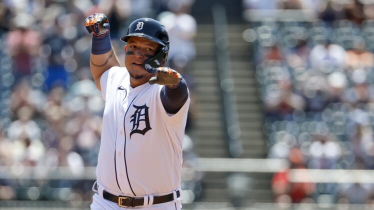 May 15, 2022; Detroit, Michigan, USA;  Detroit Tigers designated hitter Miguel Cabrera (24) celebrates as he runs the bases after he hits a home run in the second inning against the Baltimore Orioles at Comerica Park. Mandatory Credit: Rick Osentoski-USA TODAY Sports