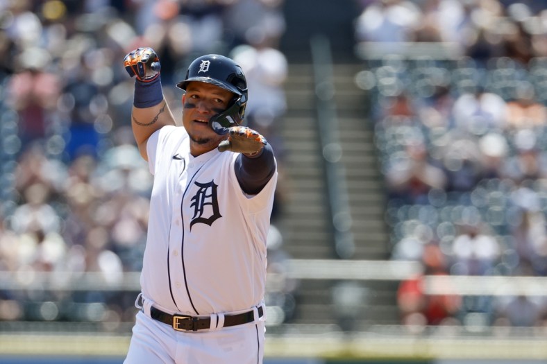 May 15, 2022; Detroit, Michigan, USA;  Detroit Tigers designated hitter Miguel Cabrera (24) celebrates as he runs the bases after he hits a home run in the second inning against the Baltimore Orioles at Comerica Park. Mandatory Credit: Rick Osentoski-USA TODAY Sports