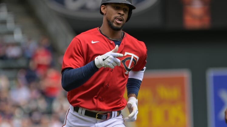 May 15, 2022; Minneapolis, Minnesota, USA; Minnesota Twins center fielder Byron Buxton (25) reacts after hitting a home run off Cleveland Guardians starting pitcher Triston McKenzie (not pictured) during the fifth inning at Target Field. Mandatory Credit: Jeffrey Becker-USA TODAY Sports