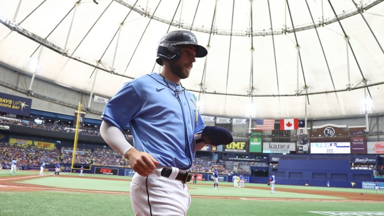 May 15, 2022; St. Petersburg, Florida, USA;  Tampa Bay Rays second baseman Brandon Lowe (8) scores a run during the sixth inning against the Toronto Blue Jays at Tropicana Field. Mandatory Credit: Kim Klement-USA TODAY Sports