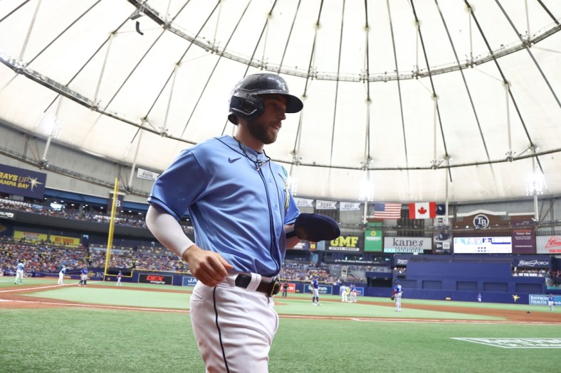 May 15, 2022; St. Petersburg, Florida, USA;  Tampa Bay Rays second baseman Brandon Lowe (8) scores a run during the sixth inning against the Toronto Blue Jays at Tropicana Field. Mandatory Credit: Kim Klement-USA TODAY Sports