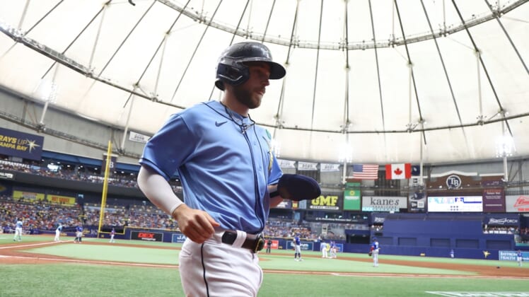 May 15, 2022; St. Petersburg, Florida, USA;  Tampa Bay Rays second baseman Brandon Lowe (8) scores a run during the sixth inning against the Toronto Blue Jays at Tropicana Field. Mandatory Credit: Kim Klement-USA TODAY Sports