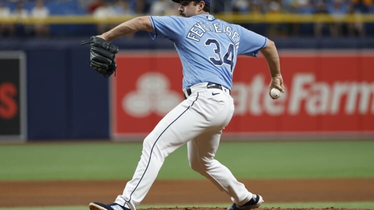 May 15, 2022; St. Petersburg, Florida, USA;  Tampa Bay Rays relief pitcher J.P. Feyereisen (34) throws a pitch during the seventh inning against the Toronto Blue Jays at Tropicana Field. Mandatory Credit: Kim Klement-USA TODAY Sports
