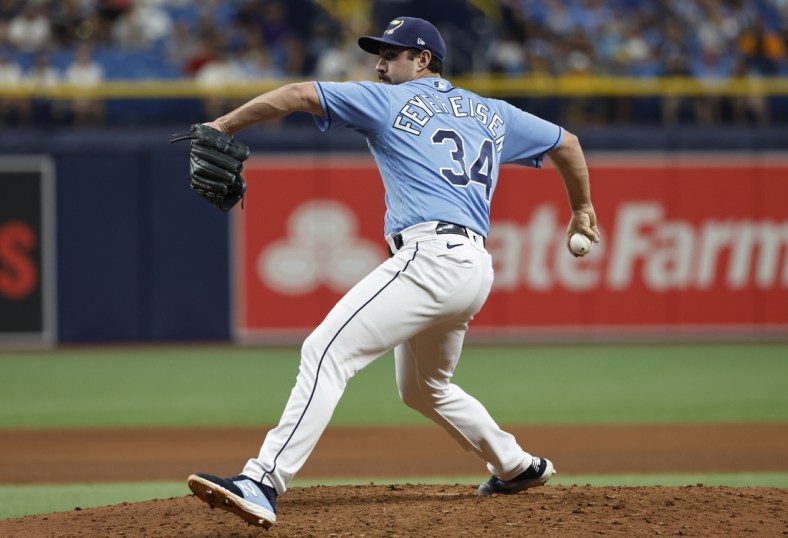 May 15, 2022; St. Petersburg, Florida, USA;  Tampa Bay Rays relief pitcher J.P. Feyereisen (34) throws a pitch during the seventh inning against the Toronto Blue Jays at Tropicana Field. Mandatory Credit: Kim Klement-USA TODAY Sports