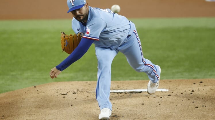 May 15, 2022; Arlington, Texas, USA; Texas Rangers starting pitcher Martin Perez #54 of the Texas Rangers throws a pitch in the first inning against the Boston Red Sox at Globe Life Field. Mandatory Credit: Tim Heitman-USA TODAY Sports