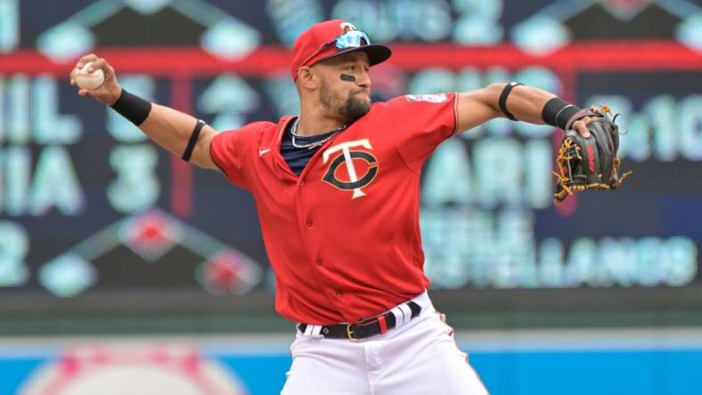 May 15, 2022; Minneapolis, Minnesota, USA; Minnesota Twins shortstop Royce Lewis (23) makes a put out against the Cleveland Guardians during the seventh inning at Target Field. Mandatory Credit: Jeffrey Becker-USA TODAY Sports