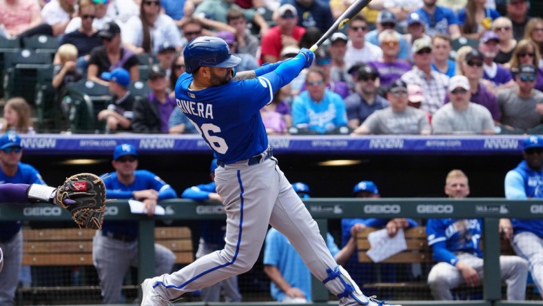 May 15, 2022; Denver, Colorado, USA; Kansas City Royals third baseman Emmanuel Rivera (26) hits a two run home run in the fifth inning against the Colorado Rockies at Coors Field. Mandatory Credit: Ron Chenoy-USA TODAY Sports