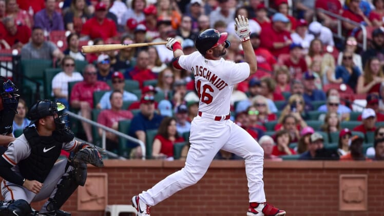 May 15, 2022; St. Louis, Missouri, USA;  St. Louis Cardinals first baseman Paul Goldschmidt (46) hits a two run home run against the San Francisco Giants during the first inning at Busch Stadium. Mandatory Credit: Jeff Curry-USA TODAY Sports