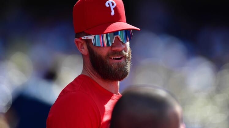 May 15, 2022; Los Angeles, California, USA; Philadelphia Phillies right fielder Bryce Harper (3) reacts during the seventh inning at Dodger Stadium. Mandatory Credit: Gary A. Vasquez-USA TODAY Sports