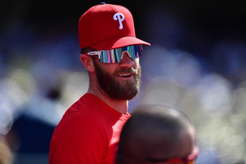 May 15, 2022; Los Angeles, California, USA; Philadelphia Phillies right fielder Bryce Harper (3) reacts during the seventh inning at Dodger Stadium. Mandatory Credit: Gary A. Vasquez-USA TODAY Sports