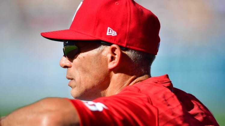 May 15, 2022; Los Angeles, California, USA; Philadelphia Phillies manager Joe Girardi (25) watches game action against the Los Angeles Dodgers during the ninth inning at Dodger Stadium. Mandatory Credit: Gary A. Vasquez-USA TODAY Sports