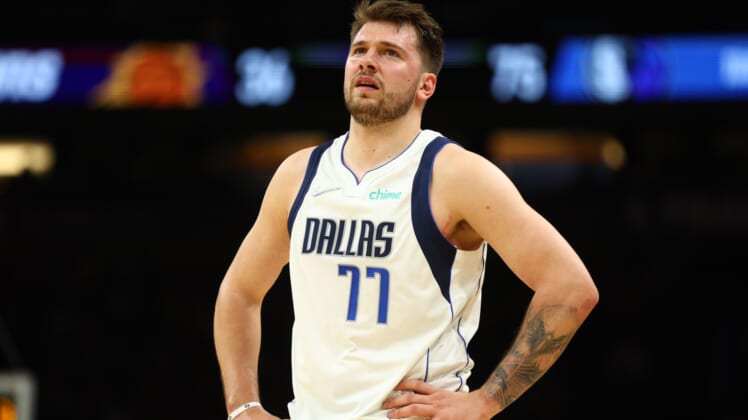 May 15, 2022; Phoenix, Arizona, USA; Dallas Mavericks guard Luka Doncic (77) against the Phoenix Suns in game seven of the second round for the 2022 NBA playoffs at Footprint Center. Mandatory Credit: Mark J. Rebilas-USA TODAY Sports