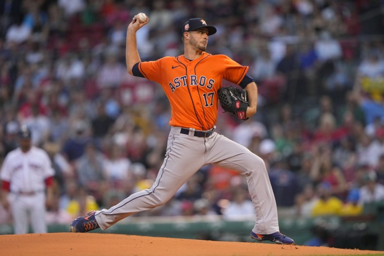 May 16, 2022; Boston, Massachusetts, USA; Houston Astros pitcher Jake Odorizzi (17) delivers a pitch against the Boston Red Sox during the first inning at Fenway Park. Mandatory Credit: Gregory Fisher-USA TODAY Sports